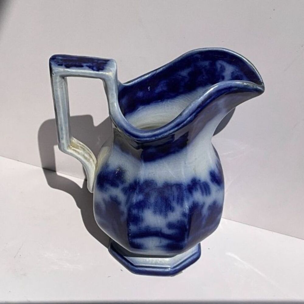 Antique Flow Blue Ironstone Water Pitcher Cobalt Blue & White Geometric Handle